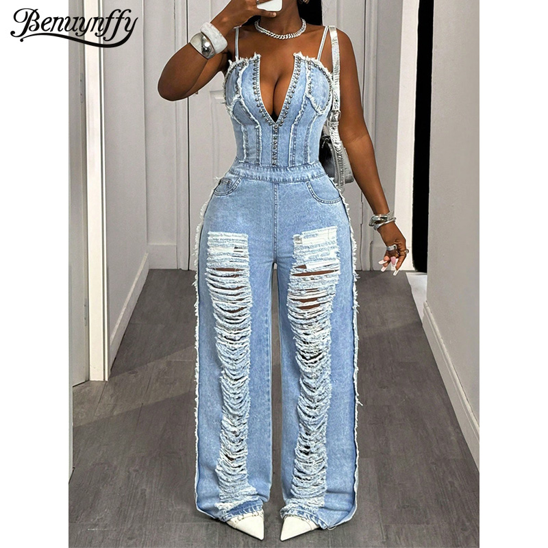 Benuynffy Sexy Spaghetti Strap - Street Fashion Jeans Women avis et prix